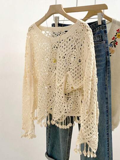 Solid Color Hollow-Out Women Knit Sweater With Asymmetric Tassel Hem, Suitable For Summer Tops, Vacation & Leisure