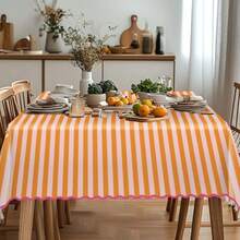 Scalloped Edge Orange Pink Striped Tablecloth Waterproof Linen Tablecloth Rectangle Table Cover for Home Kitchen Table Decoration 55 x 70 Inch - Naranja Rosa - Ver 7