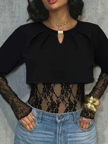 Women's Sexy Sheer Lace Short Sleeve Slim Fit Top, Solid Color Lace Patchwork See-Through Top, Suitable For Daily Wear, Dating, Bachelorette Parties, Stage Performances, Black For Spring & Summer Casual - Black - View 9