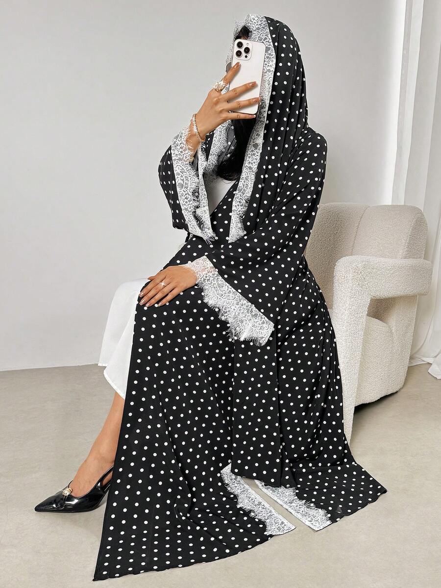 女士波点印花蕾丝边饰长袍 - 黑色 - 查看 1