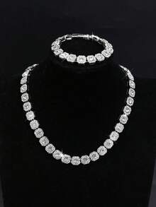 2pcs/Set HIP HOP Men's Chain Shape Inlaid Rhinestone Bracelet Necklace Miami Daily Necklace Party Accessories Perfect Jewelry - Silver - View 5