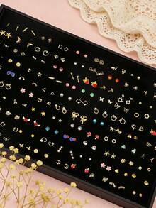 Set de 7 piezas de aretes de moda minimalistas con perlas falsas y cristales en forma de lazo y corazón, un regalo de joyería versátil para niñas, regalo de cumpleaños - Nuevo conjunto de pendientes pequeños - Ver 6
