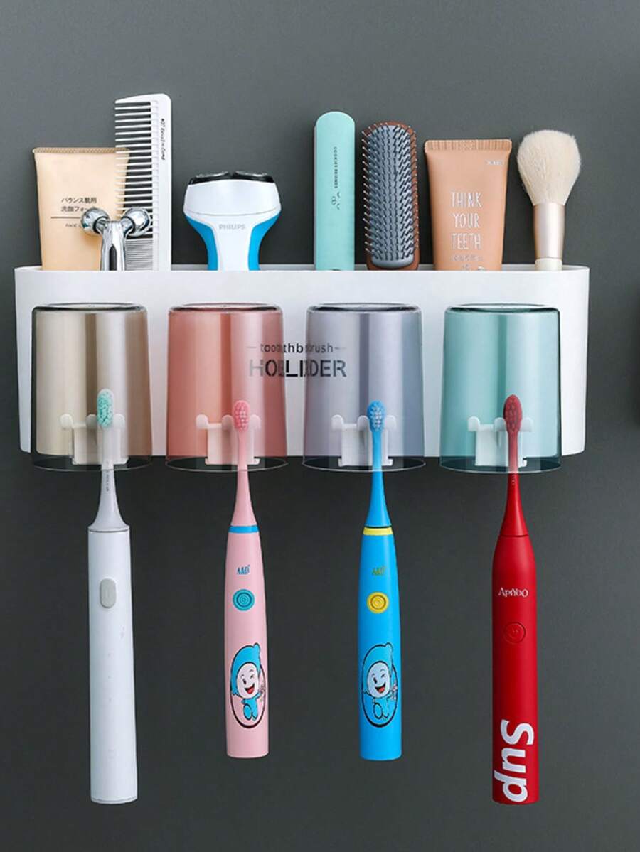 Giá đựng bàn chải đánh răng có vòi bóp, không cần đục lỗ, dùng trong phòng tắm, có cốc đựng nước súc miệng và giá đựng bàn chải đánh răng. - trắng - Xem 1