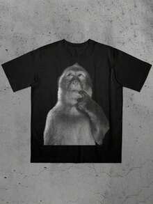 2026 New Funny Monkey Print Round Neck Casual T-Shirt, Y2K Style Women's Tee, Best Quirky Gift For Her, Suitable For Daily Wear Black Summer - 黑色 - 查看 5