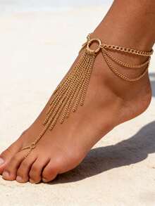 1pc Beach Vacation Style Metal Tassel Anklet, European And American Multi-Layer Connected Toe Chain, Versatile Personalized Connected Finger Foot Chain - Gold - View 1
