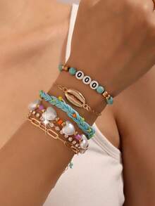 1 Set Summer Beach Style Starfish, Shell, Pearl Braided Adjustable Bracelet Set - 000 Bracelet Set - View 1