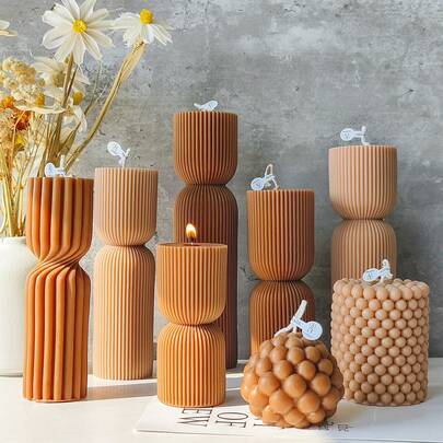European Style Cylindrical Scented Candle, Creative Home Decor, Brown Geometric Art Candle, Emergency Candle, Banquet Decoration, Wedding Pillar Candle