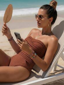 Women's One-Piece Swimsuit, Sexy Ruched Bust Design, Beach Vacation Summer - Brown - View 9