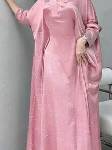 Áo Abaya thời trang nữ Trung Đông mới với họa tiết đính đá tinh tế (mẫu đá ngẫu nhiên) màu hồng mùa xuân - Hồng - Xem 5
