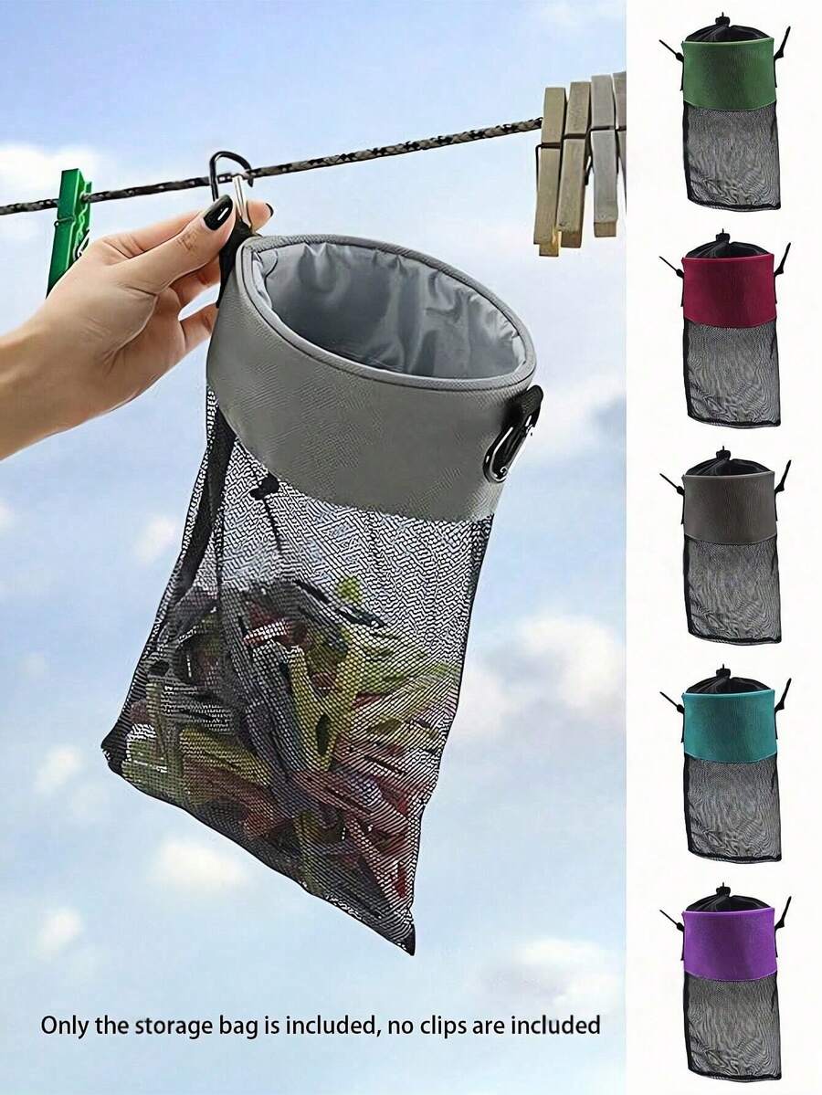 Túi lưới đựng kẹp quần áo có dây rút, giá treo kẹp quần áo có dây đeo và móc kim loại, hộp đựng đồ giặt miệng rộng.