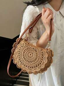 1 pieza Bolso bandolera/de mano redondo tejido en color caqui con hebilla en forma de estrella de mar, accesorio versátil para vacaciones y atuendos casuales - Caqui - Ver 5