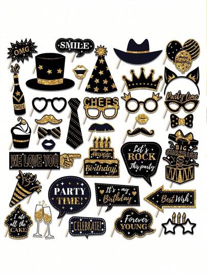 1pc Black & Silver Birthday Party Photo Booth Props, Suitable For Women & Men Birthday Party Decor, Holiday Photo Decoration, Birthday Party Photo Props, Small Gifts, Pose Sign Set, Party Fun Set, Birthday Party Supplies, Applicable For Birthday, Wedding, Party, Disco Carnival, Including Hats, Lips, Ties, Crowns And Other Props, Party Games And Activity Photography Accessories