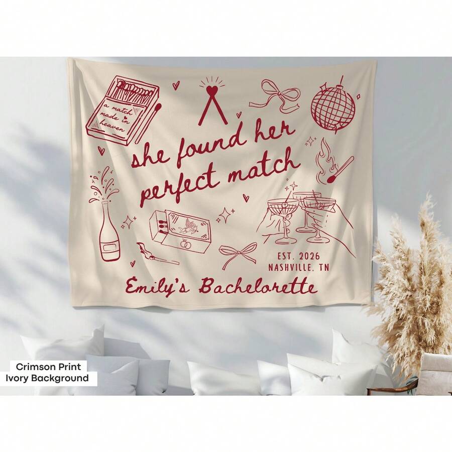 1pc Personalized She Found Her Perfect Match Bachelorette Party Banner Decor, Custom Match Made In Heaven Bridal Shower Sign Tapestry Bride Photo Backdrop - Màu1 - Xem 1