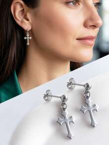 1 Đôi bông tai mặt dây chuyền hình thánh giá bằng thép không gỉ 316L không gây dị ứng - Bạc - Xem 1