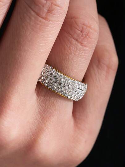 1pc Luxurious Crystal Stainless Steel Wide Band Ring, Durable & Elegant, Suitable For Holidays, Weddings, Gifts For Loved Ones