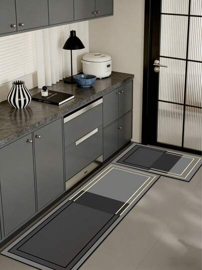 1 pieza Felpudo de gel de sílice con estilo vintage para la cocina, con un fondo desgastado de color gris claro y blanco, y un borde decorativo con inspiración vintage que contiene elementos geométricos y florales en tonos de blanco claro, gris, azul y dorado. Adecuado para la decoración de la cocina, el baño, la entrada, la lavandería, el dormitorio y la sala de estar en un estilo rústico o retro lujoso.