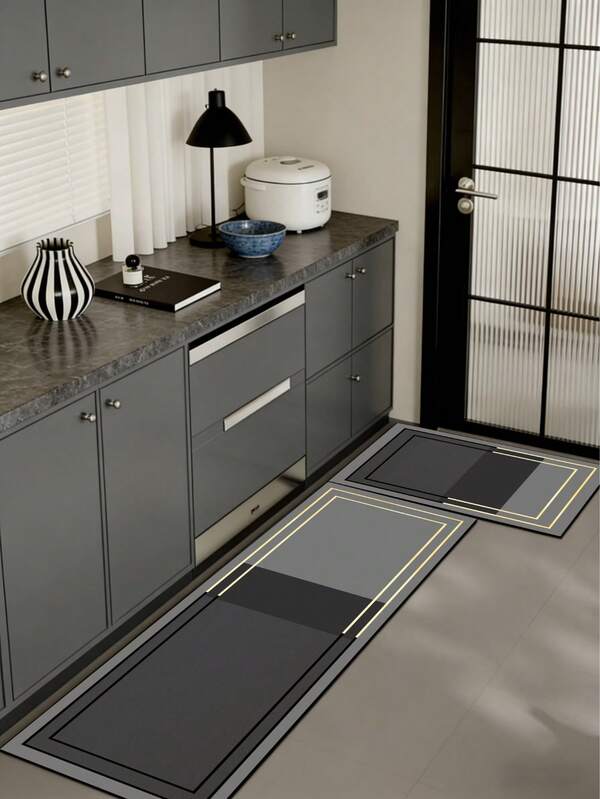 1pc Vintage-Style Silica Gel Kitchen Floor Mat, Featuring A Distressed Light Gray & White Background With A Decorative Vintage-Inspired Border Containing Geometric And Floral Elements In Shades Of Light White, Gray, Blue, And Gold. Suitable For Kitchen, Bathroom, Entryway, Laundry Room, Bedroom, Living Room Decor In A Farmhouse Or Retro Luxe Style.