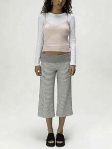Women Y2K Cropped Wide Leg Pants, Retro Horizontal Stripe Polka Dot Print Fold Over Waistband Stretchy Knit Culottes For Streetwear Daily Outings - Màu Xám nhạt - Xem 4