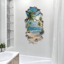 1pc Tropical Resort Wall Sticker, Delicate Hand-Painted Island Shapes, Blue & Green Color Contrast, Creates A Fresh Home Ambiance - Multicolor - View 4