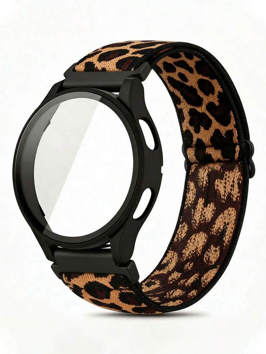 1 Set Leopard Print Elastic Nylon Braided Single Loop Band And Hard PC Protective Case, Compatible With Samsung Galaxy Watch 7 6 5 4 40mm 44mm, Leopard Print Stretchable Replacement Sport Band And Protective Case