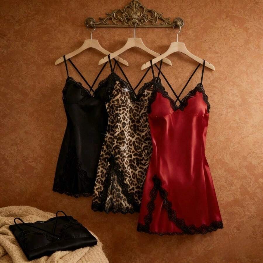 3-Piece Set Of Mature And Sexy Women's Home Clothes, Classic Leopard Print Color Backless Nightgown, Combination Dress, Comfortable Home Wear - Nhiều màu - Xem 1