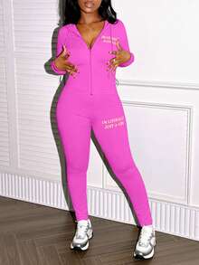 LovelyWholesale 2pcs Women Sports Letter Print Zip-Up Hoodie Jacket And Leggings Set, Spring Outfit - Hot Pink - View 3
