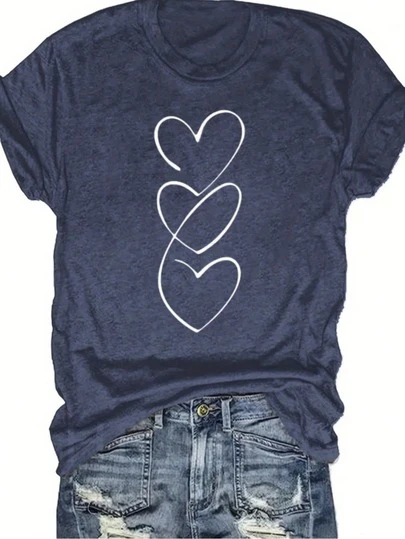 Women's Cotton Blend T Shirt  Short-Sleeved Women's T-Shirt - Women's Short Sleeve T-Shirt,  Women's Clothing,  Blended Heart Shape Outline Pattern T-Shirt, Simple Design, Suitable For Women's Daily Casual - Ideal Gift For Friends And Family, Women's T-Shirt, Spring Summer Style T-Shirt-Inspired Short Sleeve Crew Neck Top For Casual Wear- Casual Short Sleeve Top For Spring & Summer Wardrobe ,Spring Top Summer Tops For Women Women Clothing Woman Top Womens Clothing