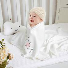 1pc 3D Floral Embroidery Baby Knit Blanket, 100% Cotton Infant Swaddle Wrap, All Season Stroller Quilt - White - View 2