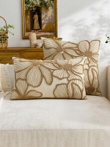 1件装现代简约米色花卉刺绣抱枕套，春夏花卉图案靠垫套，适合室内装饰，四季通用，不含枕芯 - 米色 - 查看 2