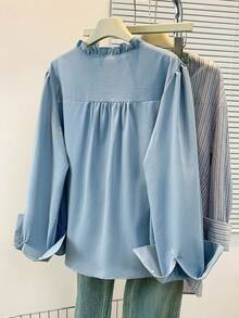 Plus Size Cardigan Collar Blouse With Frill Detail Long Shirt Sleeve Button Embellished Woven Fabric Regular Length Top Spring - Blue - View 3