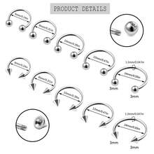 10 piezas de anillos de acero inoxidable de 16G con forma de herradura para cejas, labios, orejas y trágus, de 6-14mm - Plateado - Ver 9