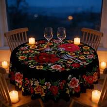 Mexican Floral Tablecloth Waterproof and Wrinkle-Free Boho Dining Table Cover with Scalloped Pom-Pom Edge Vibrant Folk Art Embroidery Design for Outdoor Patio Party Rectangular-140*180CM - Rectangular 140 x 180 cm - Ver 6