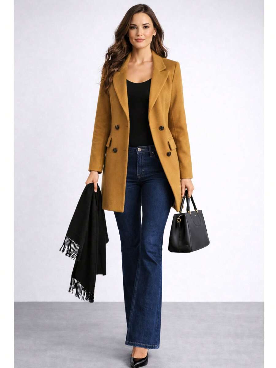 Women's Overcoat, Winter, Autumn, Elegant, Double Button, Office - 駝色 - 查看 1