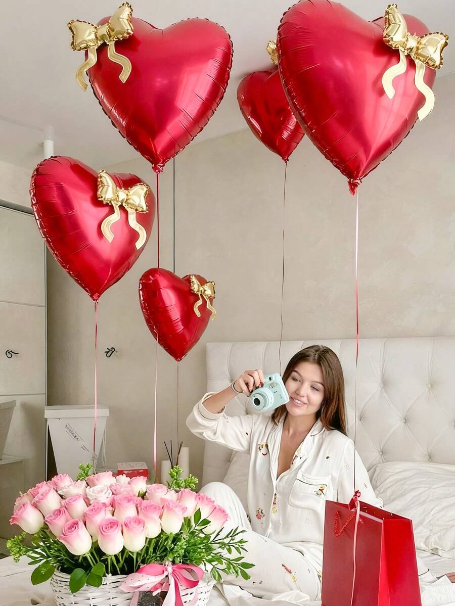 2入蝴蝶結愛心鋁箔氣球,粉色、桃紅色、紅色、黑色,適合婚禮派對氣球、情人節裝飾、婚禮場地布置、求婚派對裝飾、婚宴裝飾、背景牆裝飾、生日派對必備 - 彩色 - 查看 1