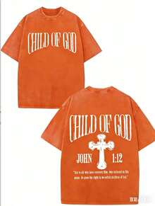 GLEC Child Of God, God Blesses You Classic Retro Fashion Street Cross Jesus Popular Letter Pattern 230g Washed Cotton T-Shirt Men's Summer HighQuality - 橘色 - 查看 1