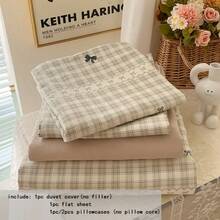 Bộ chăn ga gối 3/4 món, bộ vỏ chăn bằng polyester in hình nơ, bộ vỏ chăn kẻ sọc màu be, bộ chăn ga gối nhẹ, mềm mại, thoáng khí, hai mặt, kiểu dáng vườn, phong cách Scandinavia cổ điển sang trọng (1 vỏ chăn + 1 ga trải giường + 1/2 vỏ gối, không bao gồm ruột chăn) - Vải ngôn ngữ tình yêu - Xem 5
