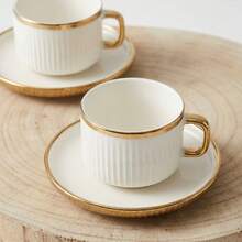 6件套/1套白色陶瓷罗纹咖啡杯碟套装，金色镶边迷你浓缩咖啡杯，带弧形把手，容量90毫升/3.0盎司，复古竖条纹碟子，适合盛装拿铁和卡布奇诺，是早午餐、婚礼礼物、家居装饰、咖啡爱好者礼物、意式浓缩咖啡的理想之选。 - 彩色 - 查看 10
