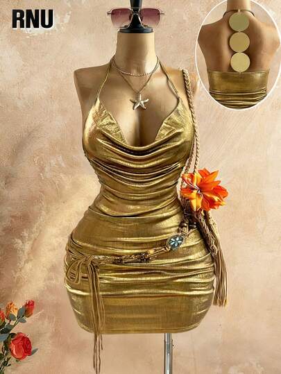 RNU Plus Size Women's Elegant Shiny Metallic Knit High Elasticity Draped Neck Backless Waist Ruched Dress With Gold Sequin Decor, Versatile Design For Party, Gathering, Night Date
