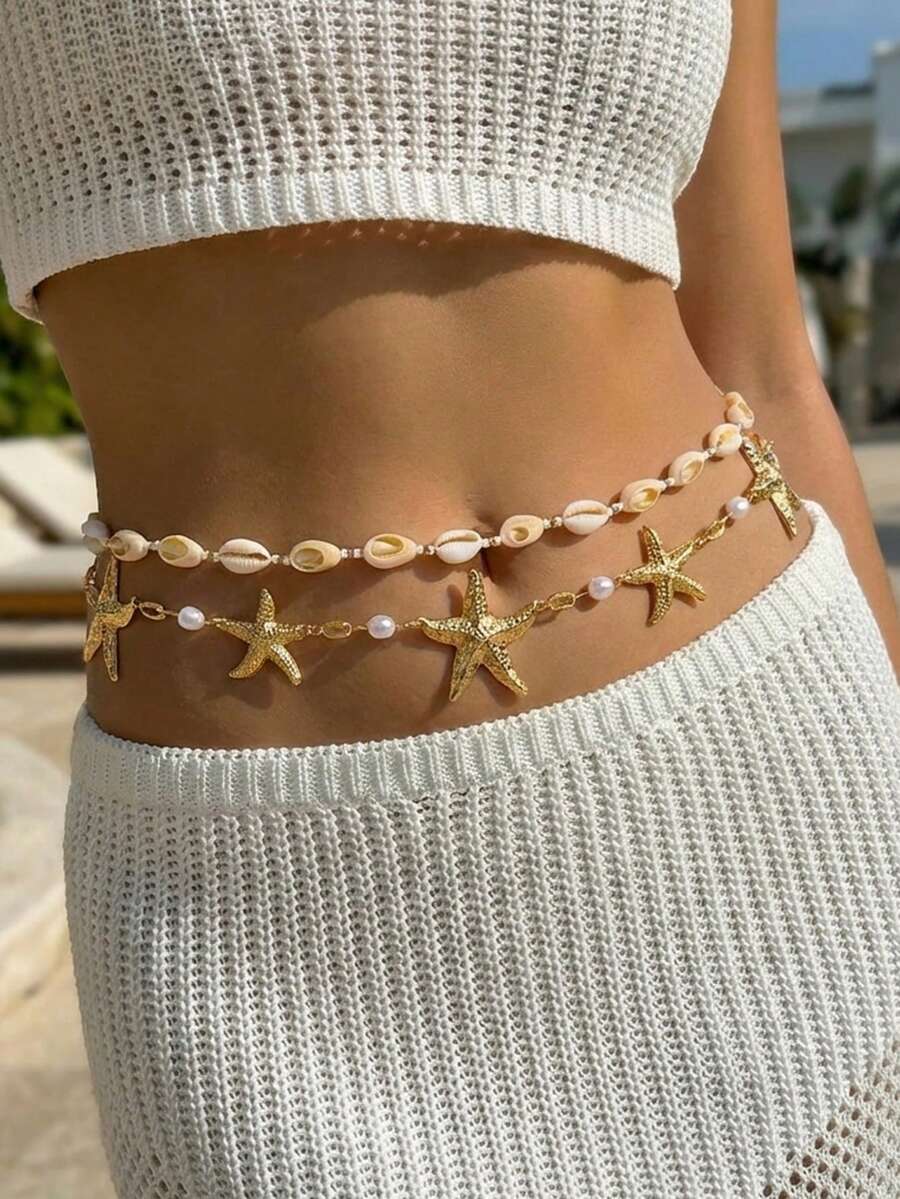 Bộ 2 dây đeo eo hình vỏ sò và sao biển, thích hợp cho phụ nữ đi nghỉ mát ở biển. - Nhiều màu - Xem 1