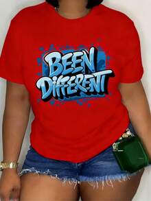 Women's Oversized Graphic Short-Sleeve Tee Blue Graffiti Inspired Design 'S Comfit FashionablewomenclothingRetro Y2K LoversCampusCommuteMusicFestivals - 紅色 - 查看 12