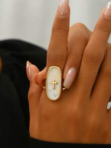 1 pieza Anillo con diseño de cruz plana de nicho, adecuado para uso diario de mujeres - Blanco - Ver 3