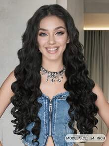 24-Inch Lace Front Curly Wavy Wig, Black Loose Curly Roman Curl Elastic Wig, Heat Resistant Synthetic Fiber Wig Suitable For Daily Wear - Black - View 3