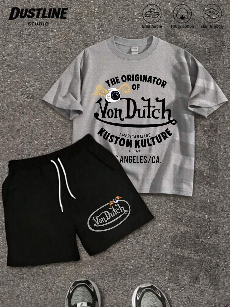 Mens Creative T Shirt And Shorts Set American Vintage Full Print Street Wear Essential T Shirt Set Men Graphic T Shirt And Shorts Set Vons Dutchs Logo And Text Print Breathable Cotton Casual Outfit For Daily Wear And Leisure Activities - Xám - Xem 1