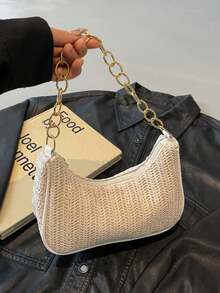 女士草编单肩包，金色链条肩带，夏季沙滩休闲手提包 - 米色 - 查看 8