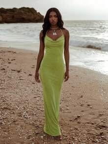 Solid Color Shoulder Knit Backless Fitted Cocktail Dress, Evening Gown, Suitable For Formal Dinners, Parties, Vacations And Other Occasions Party Spring Wedding - Green - View 4