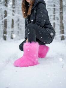 Womens Faux Fur Snow Boots Round Toe Non Slip Fuzzy Fluffy Mid Calf Warm Winter Boot For Ladies Goth Y2K Slip On Party Shoes Casual Dressy Wedding Riding Fashion Dressy Short Indoor Outdoor Boots For Women - Hồng - Xem 3