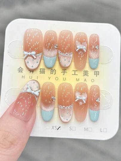 10pcs/Set Press On Nail Art, Ocean Love, Refreshing, Summer, Blush, Dazzling, Cat's Eye, Studded, Gentle, Mature, Handcrafted Wearable Nails