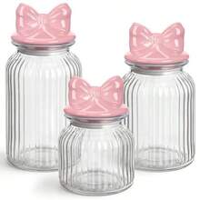 Juego de 3 tarros de vidrio herméticos con tapa de arco rosa de cerámica lindas rayas tarro de galletas de caramelo recipiente de almacenamiento de alimentos decoración para fiestas té - rosa transparente - Ver 8