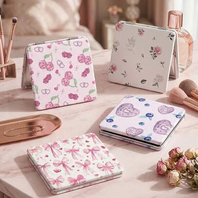 1个Y2K系列迷你化妆镜，便携式2倍放大化妆镜，可折叠轻薄双面手持镜，旅行迷你化妆镜，PU皮革材质，可折叠小镜，独特图案设计，精巧折叠结构，可靠耐用，防摔。