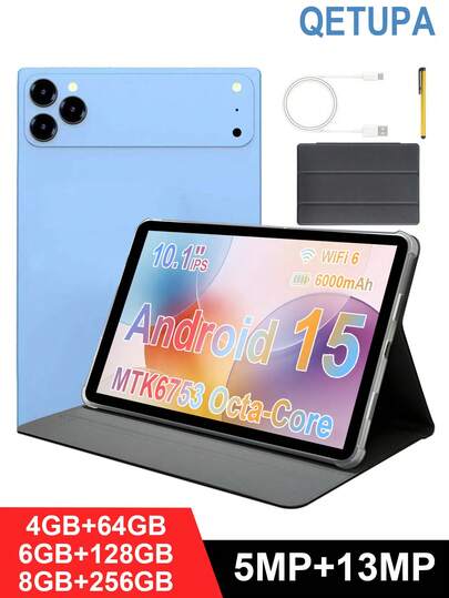  Qetupa Tablet Android de 10.1 pulgadas con funda protectora y lápiz stylus, disponible en tres opciones de almacenamiento: 4GB RAM + 64GB ROM / 6GB RAM + 128GB ROM / 8GB RAM + 256GB ROM (ampliable a 1TB con tarjeta SD). Procesador MTK6753 Octa-Core a 2.0GHz, pantalla táctil IPS (1280x800), cámara frontal de 5MP y cámara trasera de 13MP
